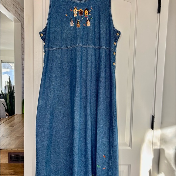 Bechamel  Embroidered Denim Sleeveless Maxi Jumper Birdhouse Cats Cottagecore XL - Picture 2 of 10